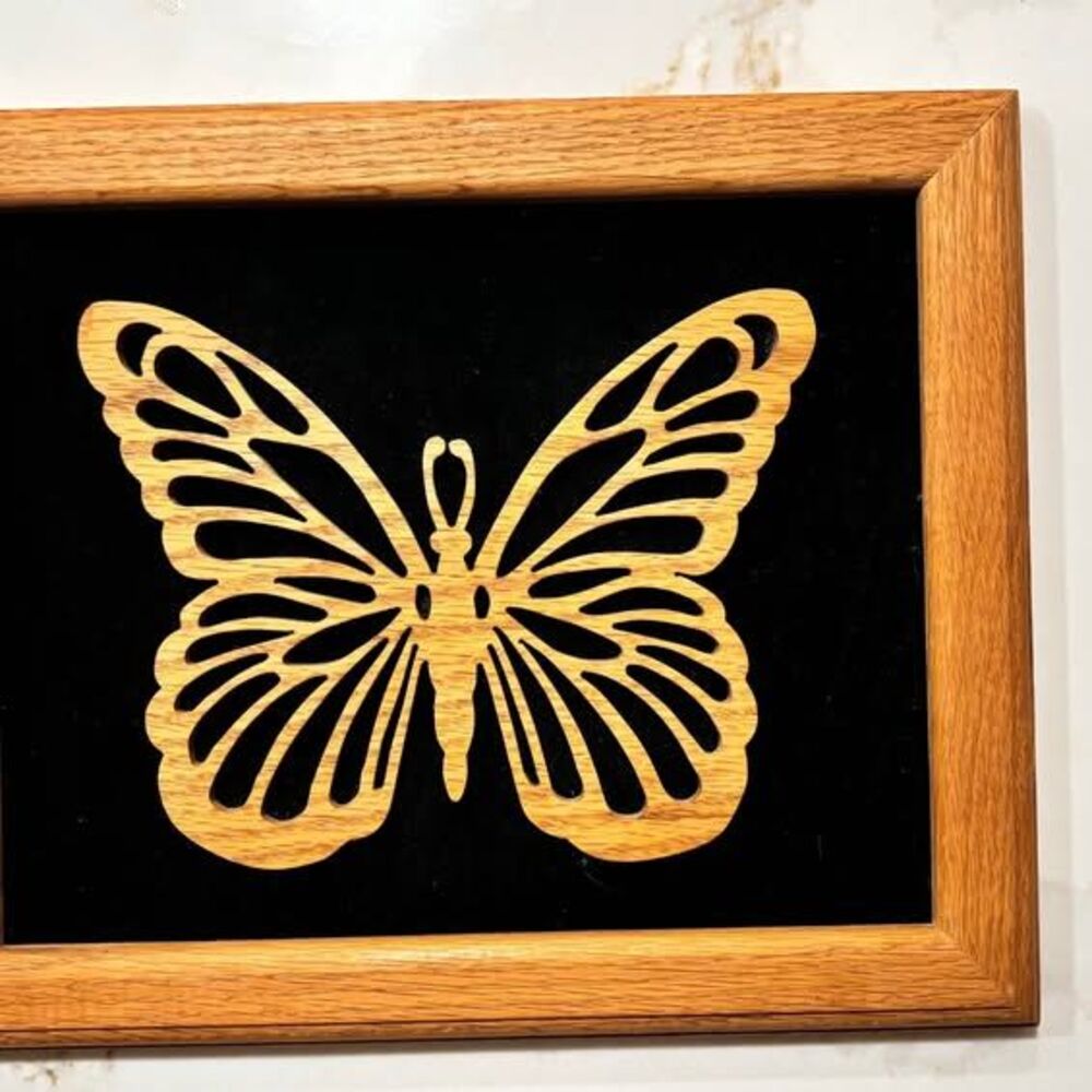 Vintage Laser Cut Wood Butterfly on Black Felt Wood Frame Wall Art